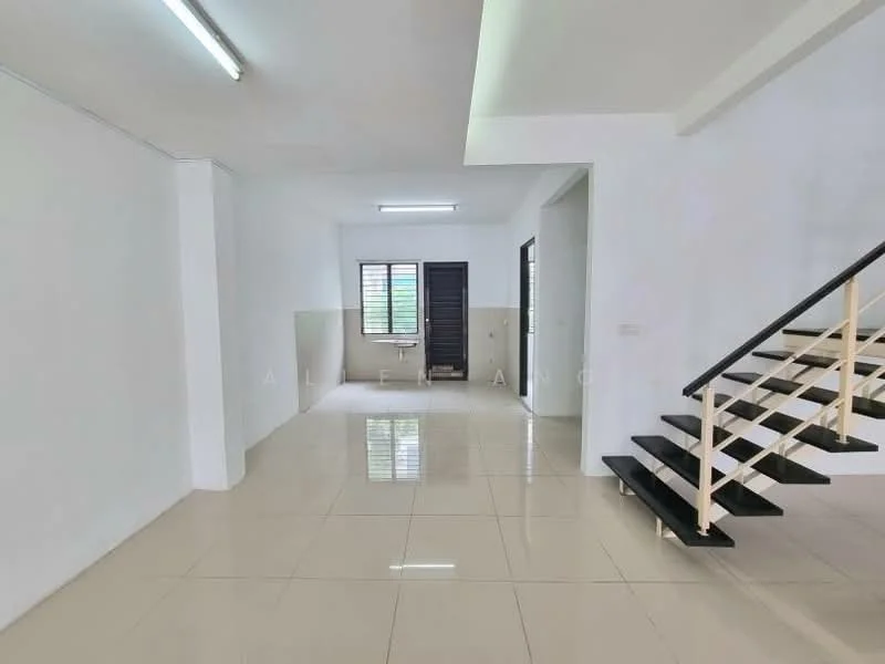Room features: white painted walls, glossy ceramic tile flooring, staircase with black railing, large window with metal grille, door leading outside, recessed ceiling lights, open layout, neutral color scheme; style: modern.