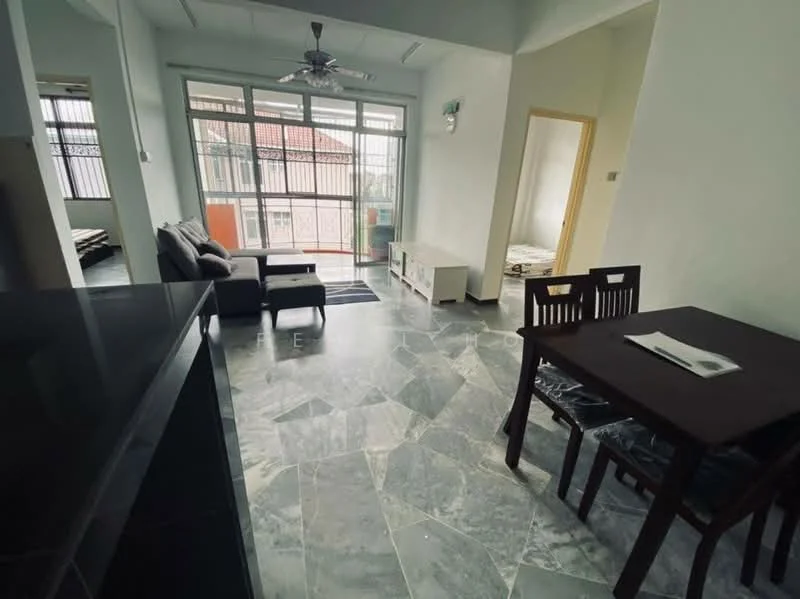 Living features: grey marble tile flooring, white painted walls, 5-blade ceiling fan with light, sofa in grey fabric, coffee table, TV console, floor-to-ceiling windows, sliding glass door, sheer curtains, area rug with geometric pattern; style: modern; view: city. Dining features: 4-seater dining table, wooden dining chairs; style: modern.