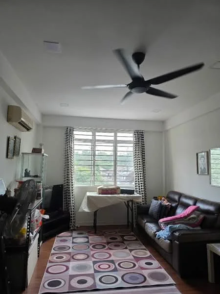 Living features: 3-blade ceiling fan, wall-mounted split AC, brown leather sofa, coffee table, area rug with circular pattern, floor-to-ceiling windows, sheer curtains, decorative wall art, wooden flooring, TV console, glass display cabinet; style: modern; view: garden.