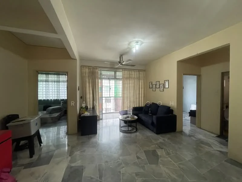 Living features: grey marble flooring, cream painted walls, 5-blade ceiling fan with light, sofa in dark blue fabric, coffee table, floor-to-ceiling windows with sheer curtains, sliding glass door leading to balcony, decorative wall art, area rug with geometric pattern; style: modern. Room features: cream painted walls, grey marble flooring, doorway leading to other rooms.