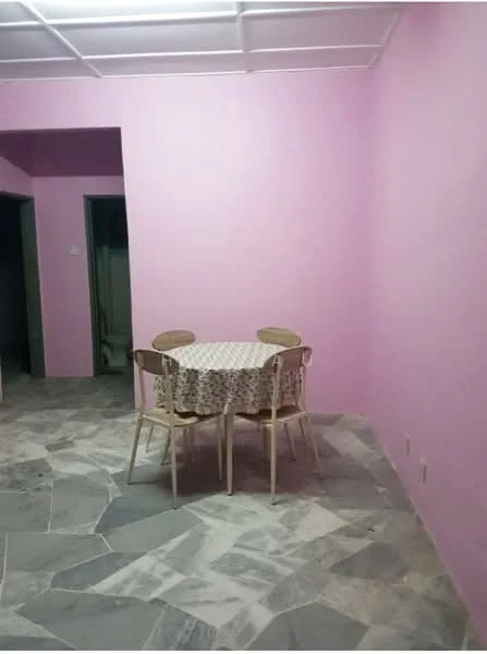 Dining features: pink painted walls, stone flooring, round dining table with floral tablecloth, four wooden chairs, ceiling with fluorescent lighting.