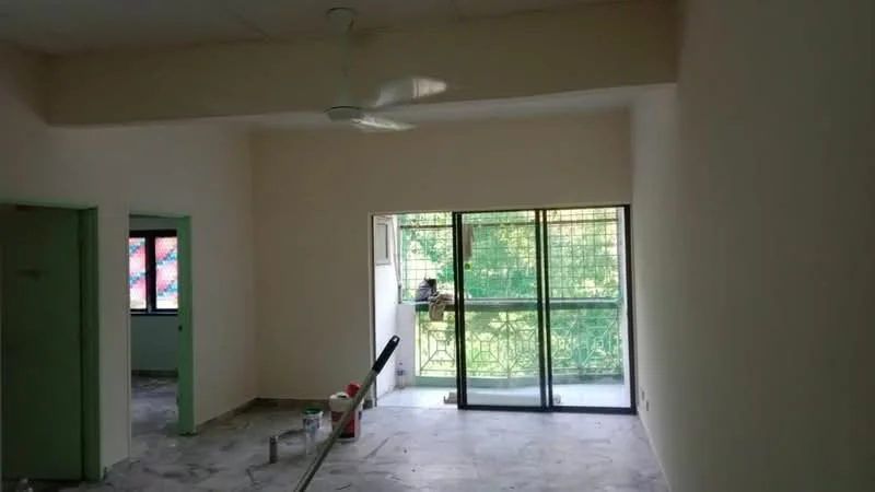 Living features: white painted walls, marble flooring, 5-blade ceiling fan, sliding glass door, floor-to-ceiling windows, greenery view, light-colored ceiling, window with security grille; view: garden. Room features: white painted walls, marble flooring, window with colorful curtains.