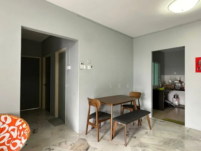 Dining features: grey painted walls, marble tile flooring, dining table with wooden legs and black seat, 4 dining chairs, ceiling light fixture, open layout to kitchen, doorway to hallway, doorway to kitchen area; style: modern. Room features: grey painted walls, marble tile flooring, doorway to hallway, doorway to kitchen area.