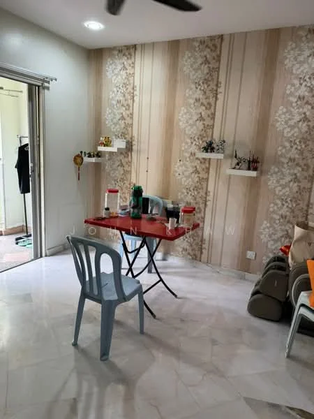 Room features: white painted walls with floral wallpaper, marble flooring, ceiling fan, folding table, plastic chair, shelves on wall, decorative items on shelves, sliding glass door leading to outdoor area; style: modern.