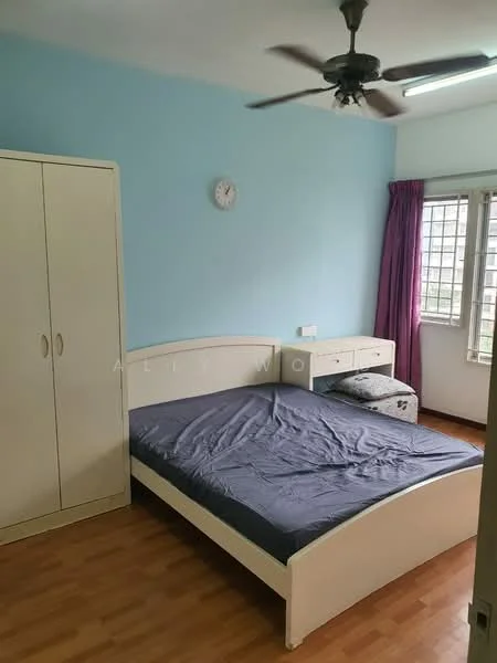 Bedroom features: light blue painted walls, laminate flooring, queen-size bed with mattress, white built-in wardrobe, white bedside table, ceiling fan, window with purple curtains, clock on the wall.
