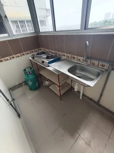 Room features: stainless-steel sink, single-bowl stainless-steel sink, chrome faucet, 2-burner gas stove, gas cylinder, metal shelving unit, tile backsplash, grey tiled flooring, window with view, white walls; view: city.