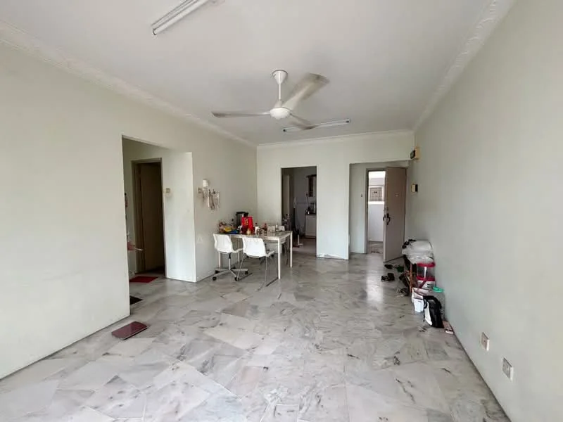 Living features: marble flooring, white painted walls, ceiling fan, dining table with four chairs, open layout, doorway leading to kitchen, doorway leading to hallway, natural light from windows.
