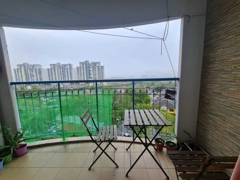 Balcony features: metal railing, green safety netting, small wooden table, two folding chairs, potted plants, tiled flooring, city skyline view; style: modern; view: city.