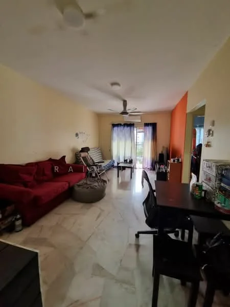 Living features: red fabric sofa, bean bag chair, ceiling fan, marble flooring, large window with sheer curtains, orange accent wall, light beige painted walls, dining table with chairs; style: modern.