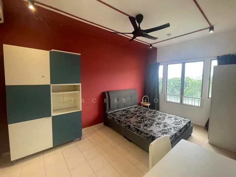 Bedroom features: queen-size bed, upholstered headboard, 2 bedside tables, ceiling fan, floor-to-ceiling windows, curtains, built-in wardrobe with sliding doors, tile flooring, red accent wall, white painted walls, study desk, chair; style: modern; view: garden.