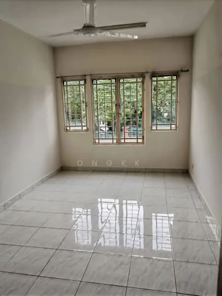Room features: white painted walls, glossy ceramic tile flooring, 5-blade ceiling fan, large windows with metal grilles, natural light from windows, neutral color scheme, no visible furniture, clean and uncluttered space; style: minimalist; view: garden.