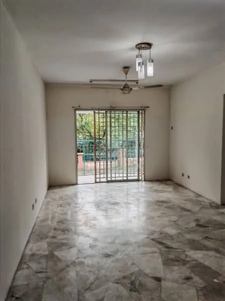 Living features: marble flooring, white painted walls, 5-blade ceiling fan with light, sliding glass door, window with security bars, natural light from outside, neutral decor, open layout; view: garden.