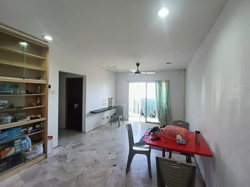 Living features: white painted walls, marble flooring, 5-blade ceiling fan with light, sliding glass door, floor-to-ceiling windows, red dining table, plastic chairs, built-in shelving unit, curtains, outdoor view; style: modern; view: garden.