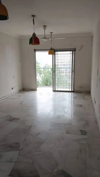 Living features: marble flooring, white painted walls, ceiling fan, sliding glass door, floor-to-ceiling windows, balcony access, hanging pendant lights with colored shades.