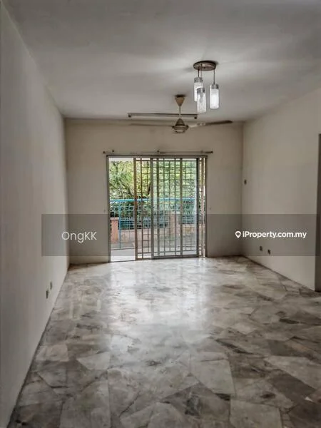 Living features: marble flooring, white painted walls, 5-blade ceiling fan with light, sliding glass door, window treatments not visible, decorative light fixtures, access to outdoor space, natural light from outside; view: garden.