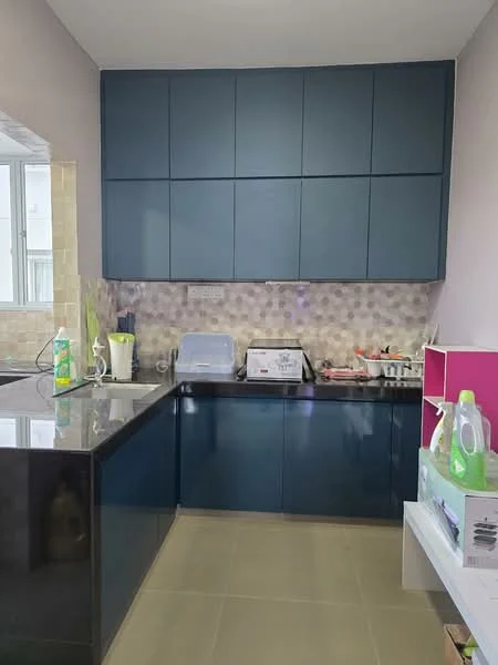 Kitchen features: blue cabinetry, white countertop, grey patterned backsplash, built-in oven, microwave, stainless-steel sink, single-bowl stainless-steel sink, kitchen appliances, tile flooring, window, open shelving, clean lines, modern design; style: modern.