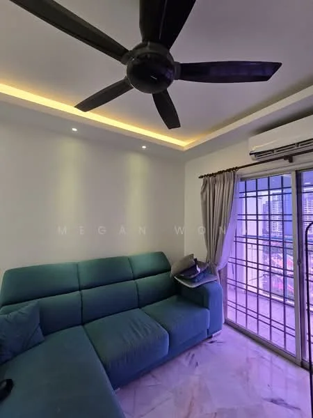 Living features: 3-seater fabric sofa in teal, ceiling fan with 5 blades, recessed LED downlights, white painted walls, marble flooring, sliding glass door, curtains, decorative cushions; style: modern; view: city.
