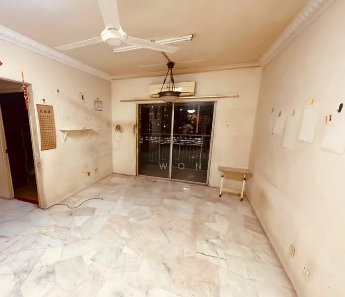 Room features: marble flooring, white painted walls, ceiling fan, sliding glass door, balcony access, wall-mounted air conditioning unit, light fixture, decorative crown moulding.