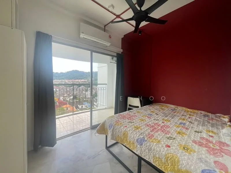 Bedroom features: king-size bed with floral bedding, floor-to-ceiling sliding glass door, balcony access, red accent wall, white painted walls, marble flooring, 5-blade ceiling fan, wall-mounted split AC, blackout curtains, chair, wardrobe; style: modern; view: city.