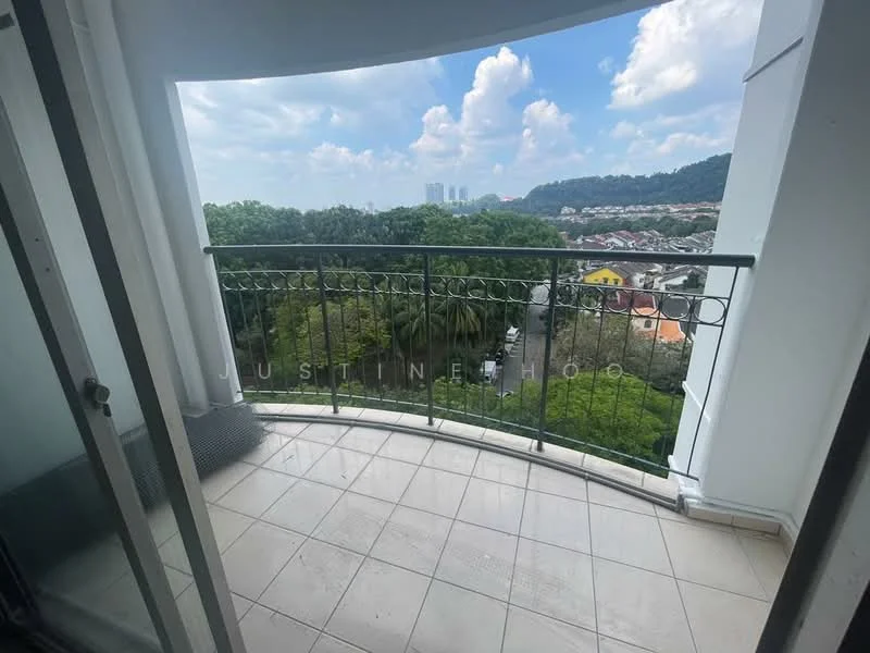 Room features: balcony with railing, tiled flooring, city view, mountain view, surrounding greenery, sliding glass door; view: city.