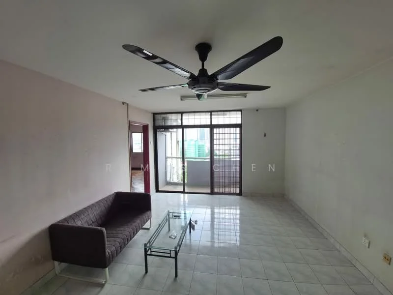 Living features: 3-seater fabric sofa in grey, glass coffee table, 5-blade ceiling fan with light, floor-to-ceiling windows, sliding glass door, white painted walls, white tiled flooring, natural light from windows.