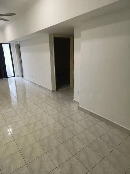 Room features: white painted walls, glossy ceramic tile flooring, ceiling fan, doorway leading to another room, large window with sheer curtains, neutral color scheme; style: modern.