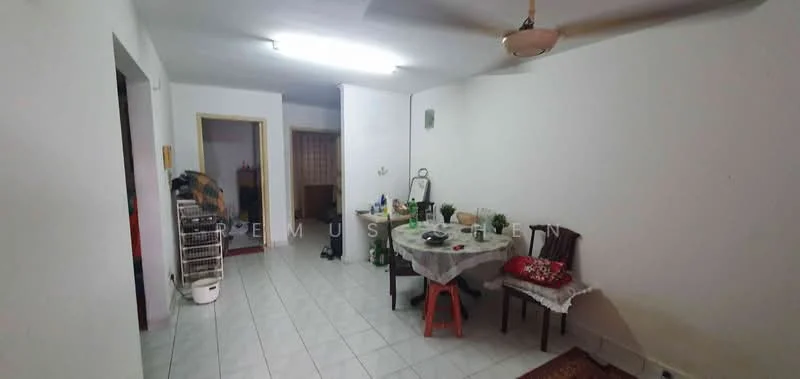 Dining features: white painted walls, ceramic tile flooring, ceiling fan, round dining table, 4 dining chairs, tablecloth, decorative plants on table, open doorway to hallway, open doorway to another room, rug on floor.