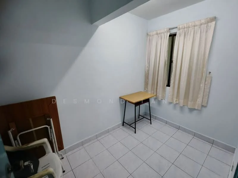 Room features: light blue painted walls, white curtains, single window, tile flooring, wooden table, metal frame chair, corner space, minimal decor; style: minimalist.