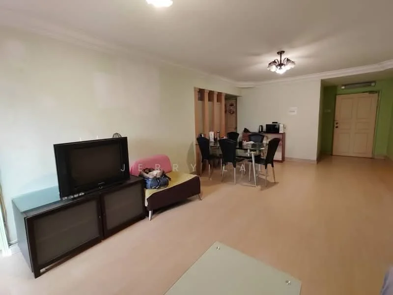 Living features: light wood laminate flooring, green painted walls, crown moulding, chandelier, TV console, black television, sofa in dark brown, glass dining table with four chairs, built-in shelving unit, doorway leading to hallway, air conditioning unit; style: modern.