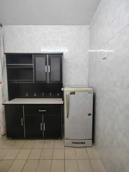 Kitchen features: white tiled walls, cream tiled flooring, black cabinetry with glass doors, countertop with beige surface, refrigerator, open shelving, under-counter storage, wall-mounted light switch; style: modern.