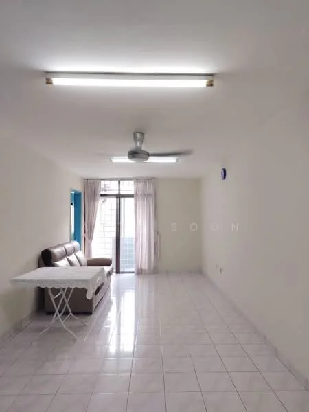 Living features: white painted walls, glossy white tile flooring, 5-blade ceiling fan with light, large sliding glass door, sheer curtains, sofa in brown leather, foldable dining table, natural light from window; style: modern.