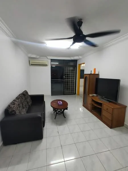 Living features: 3-seater fabric sofa in black, round wooden coffee table, TV console with storage, wall-mounted TV, white painted walls, glossy white tile flooring, 1 wall-mounted split AC, ceiling fan with 5 blades, large window with sliding door, decorative items on console; style: modern.