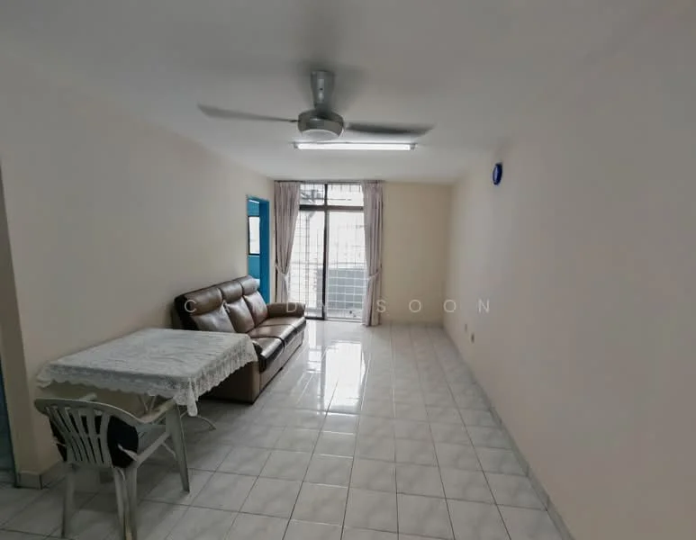 Living features: 3-seater leather sofa in brown, ceiling fan, white painted walls, glossy ceramic tile flooring, large window with sheer curtains, sliding glass door, dining table with white tablecloth, plastic chair, neutral decor, natural light; style: modern.