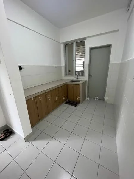 Kitchen features: L-shaped countertop, light-colored laminate cabinetry, single-bowl stainless-steel sink, chrome pull-down faucet, white tiled backsplash, white walls, grey door, window with view to outside, ceramic tile flooring, built-in cabinetry, no visible appliances; style: modern.