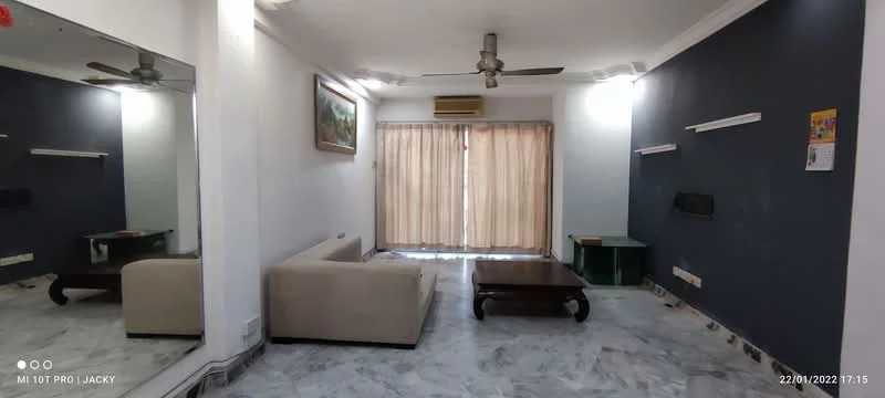 Living features: 3-seater fabric sofa in cream, wood coffee table, marble flooring, grey accent wall, white painted walls, floor-to-ceiling mirror, ceiling fan, window with sheer curtains, air conditioning unit, wall-mounted TV, shelves on wall; style: modern.