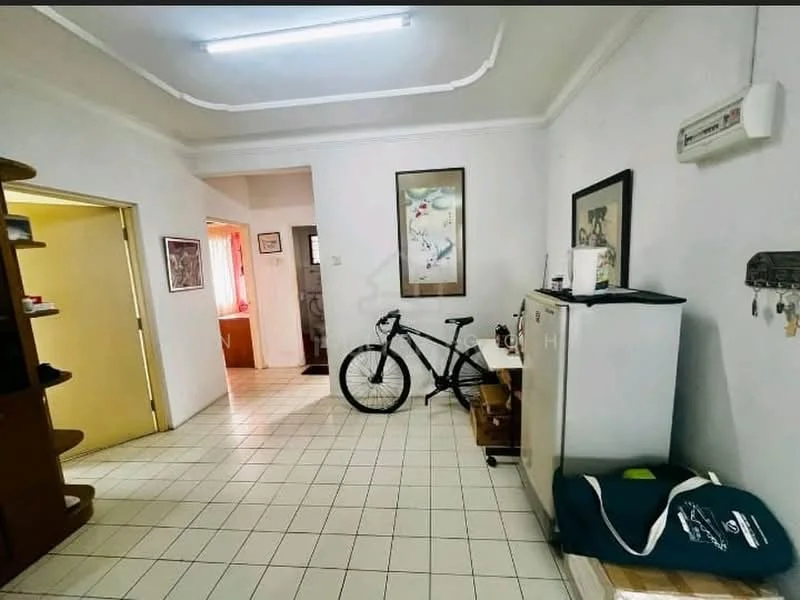 Room features: white painted walls, tile flooring, ceiling with crown moulding, recessed ceiling lights, bicycle, small refrigerator, wooden shelving unit, decorative artwork on walls, key holder, doorway leading to another room; style: modern.