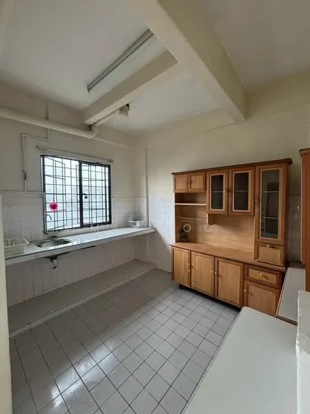 Kitchen features: single-bowl stainless-steel sink, chrome faucet, wooden cabinetry, white tiled backsplash, white tiled flooring, window with grid pattern, countertop space, open shelving, built-in cupboard, exposed beams on ceiling.