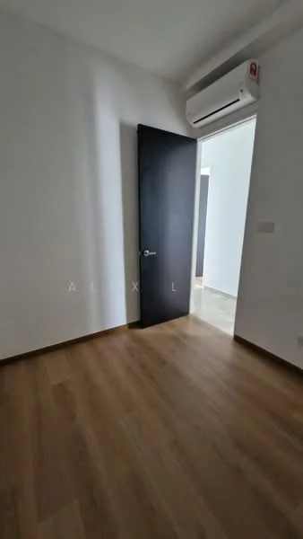 Room features: light wood laminate flooring, white painted walls, black door, wall-mounted split AC, door leading to another room.
