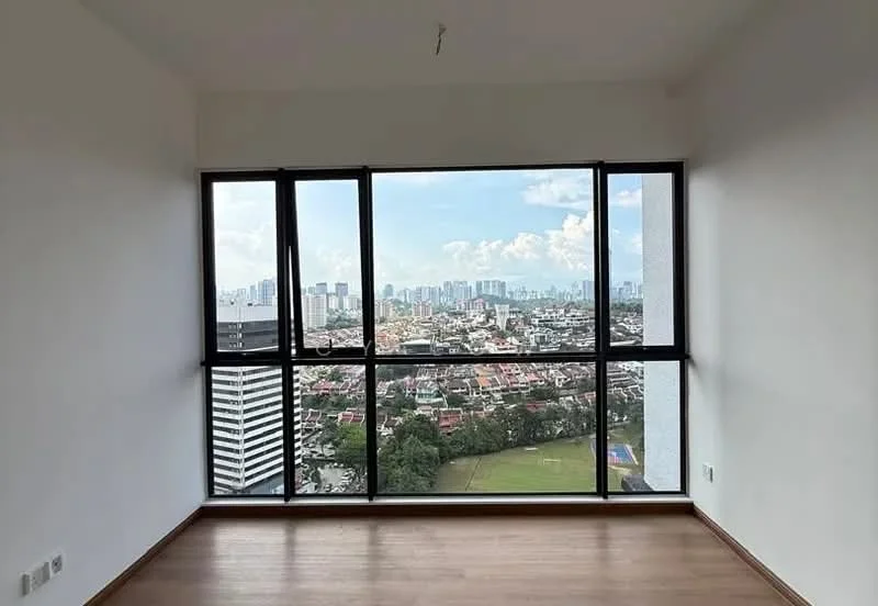 Room features: floor-to-ceiling windows, wooden flooring, white painted walls, city skyline view; style: modern; view: city.