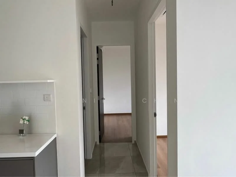 Room features: white painted walls, light wood flooring, tile flooring, doorway leading to another room, doorway leading to hallway, small decorative plant on counter, recessed lighting, neutral color scheme; style: modern.