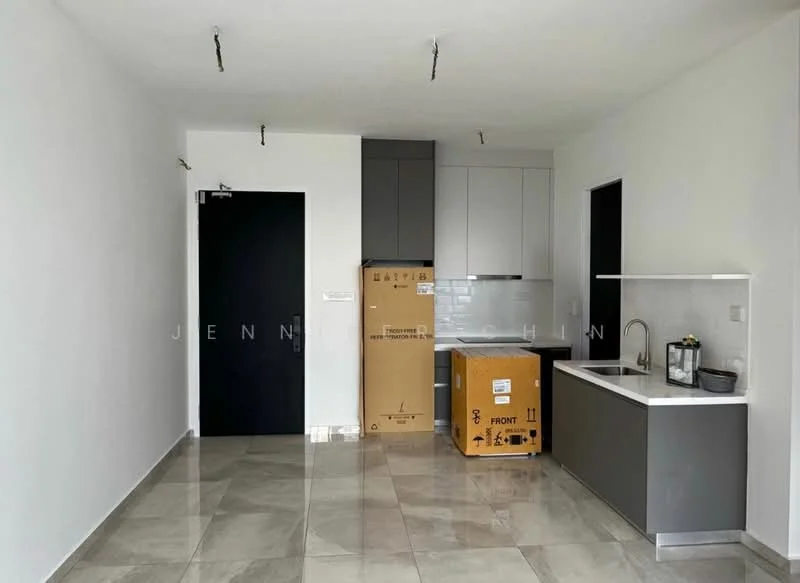 Kitchen features: grey cabinetry, white backsplash, stainless-steel sink, chrome faucet, countertop with overhang, built-in oven, freestanding refrigerator, marble tile flooring, white painted walls, recessed ceiling lights; style: modern. Room features: open layout, door to hallway, box storage.