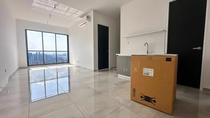 Living features: large floor-to-ceiling windows, grey tiled flooring, white painted walls, recessed ceiling lights, air conditioning unit, kitchenette with countertop, sink, open layout, city view, box in the foreground; style: modern; view: city.