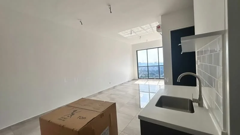 Kitchen features: single-bowl stainless-steel sink, chrome pull-down faucet, white tiled backsplash, grey cabinetry, marble tile flooring, floor-to-ceiling windows, natural light, open layout; style: modern; view: city. Room features: white painted walls, recessed downlights, box in the foreground.