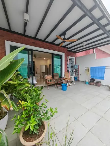 Room features: covered patio, grey tiled flooring, exposed beam ceiling, ceiling fan, potted plants, wooden outdoor dining chairs, blue plastic bucket, laundry hanging area, green foliage, white wall, sliding glass doors; style: modern; view: garden.