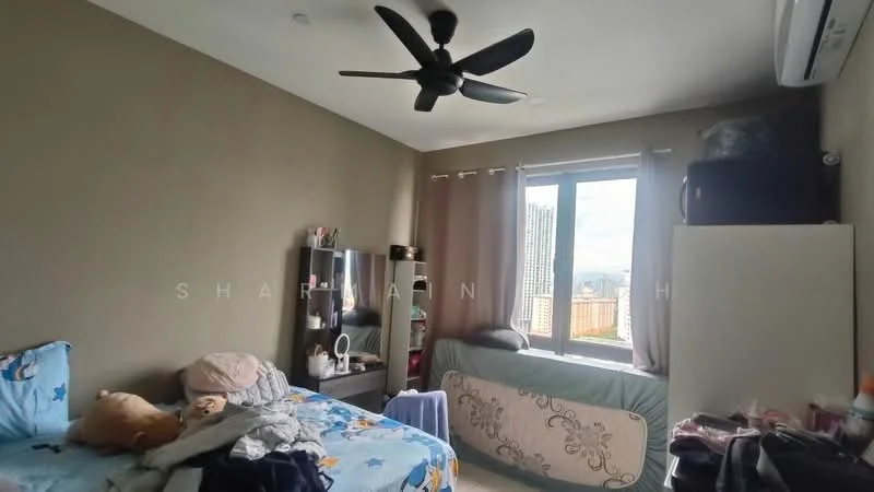 Bedroom features: blue bedding with cartoon pattern, cream bedding, 2 beds, black ceiling fan, floor-to-ceiling window, curtains, wall-mounted air conditioning unit, wooden wardrobe, black dresser, decorative items on dresser, light grey painted walls, carpeted flooring; style: modern; view: city.