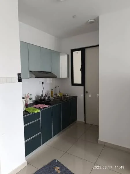 Kitchen features: light grey upper cabinets, dark green lower cabinets, stainless-steel sink, chrome pull-down faucet, built-in oven, ceramic tile flooring, wall-mounted extractor hood, countertop space, window with black frame, kitchen towels on countertop, door leading to another room; style: modern.