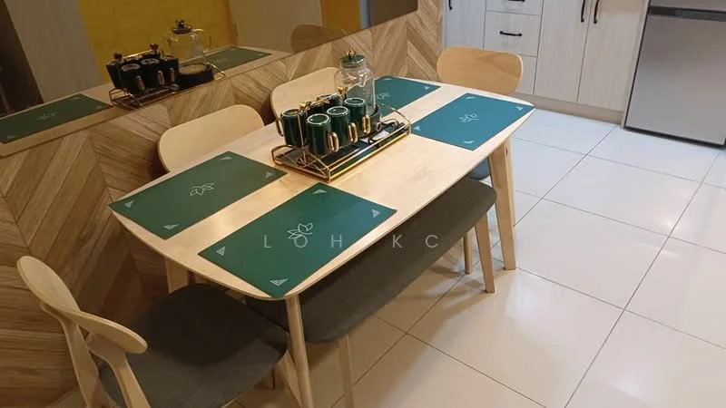 Dining features: wooden dining table, 4 dining chairs, grey upholstered bench seating, green placemats, decorative serving tray, glass water pitcher, glass cups, white tiled flooring, yellow accent wall, wood panel accent wall, built-in kitchen cabinetry; style: modern.