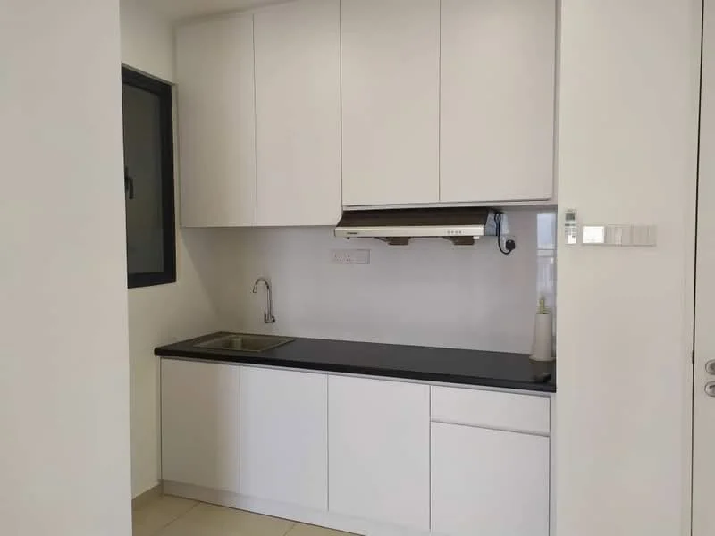 Kitchen features: white cabinetry, black countertop, single-bowl stainless-steel sink, chrome pull-down faucet, built-in range hood, wall-mounted cabinet, tile flooring, window above sink; style: modern.