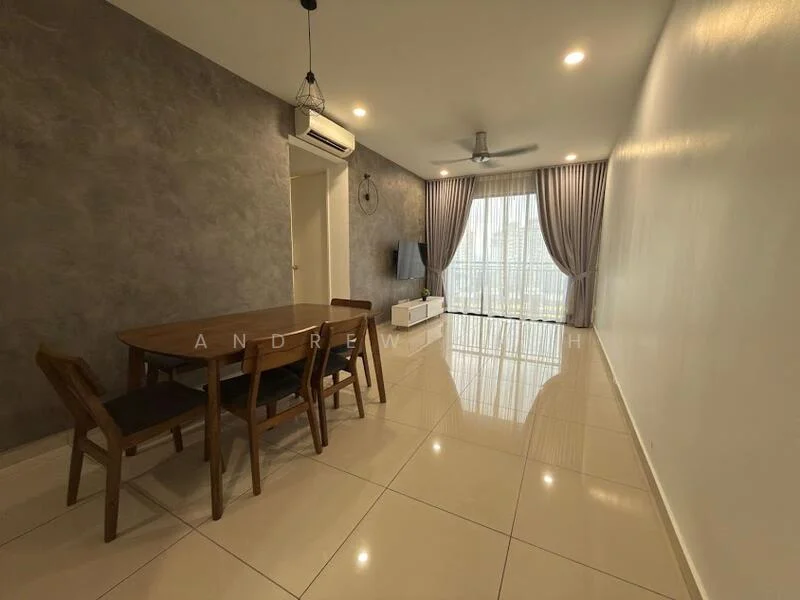 Living features: grey accent wall, white painted walls, glossy ceramic tile flooring, 5-blade ceiling fan with light, floor-to-ceiling windows, sheer curtains, dining table for 4, wooden dining chairs, TV console, wall-mounted TV, recessed downlights; style: modern; view: city.
