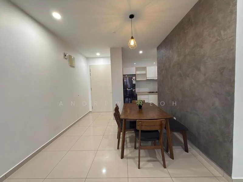 Dining features: dining table with wooden surface, 4 wooden dining chairs, grey accent wall, white painted walls, recessed downlights, pendant light fixture, glossy tile flooring, open layout to kitchen area; style: modern.